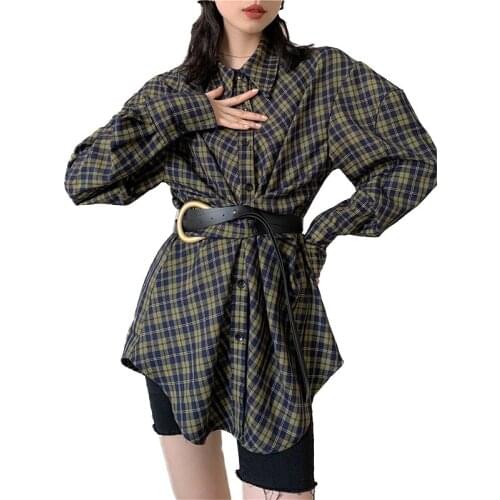 Fashion loose Plaid Shirt womens blouses 2021 Spring autumn new mid length blouse with belt vintage causal lace button tops