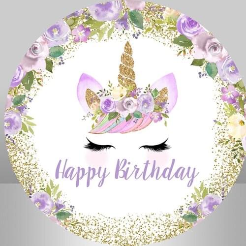 Sensfun unicorn Happy Birthday Party Round Backdrop Newborn Children Portrait Purple Flowers Baby Shower Photography Background