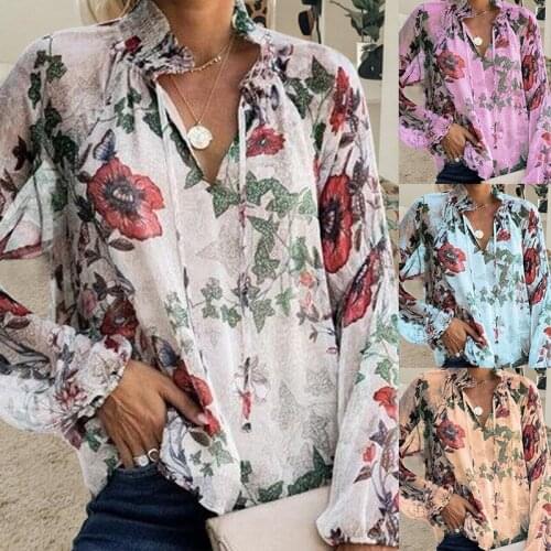 Autumn Winter Womens Clothing Classic Chiffon Wrinkle Red Flower Print Loose Long Sleeve Print Pullover Plus Size Chiffon Shirt