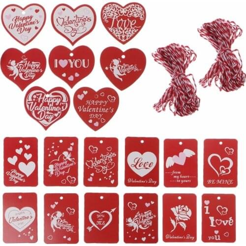 L5YD 200Pcs 20 Styles Red Valentines Tags Paper Gift Tags Hang Labels with Twines Lovers Jewelry Wedding Greetings Hang Tags