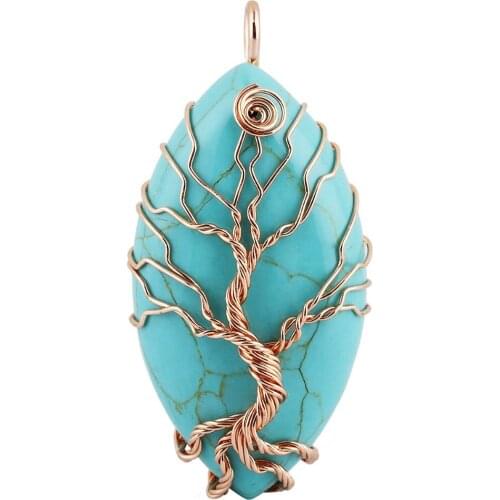SUNYIK Green Howlite Stone Tree of Life Pendant Oval Handmade Copper Wire Wrapped Jewelry