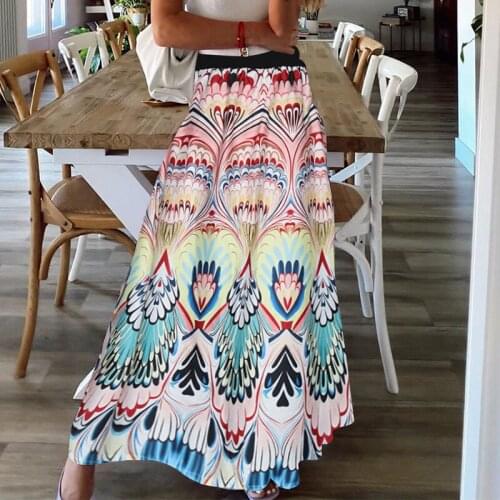 Woman print skirts ankle length elastic waist long skirt faldas mujer moda 2020 office ladies elegant basic autumn bottoms