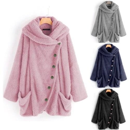 4# Women Casual Turtleneck Big Pockets Cloak Coats Vintage Oversize Coats Winter leisure thickening warm ladies plush jacket