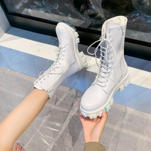 Womens Martens Boots PU Leather White Ankle Boots Autumn Winter Motorcycle Boots Fashion Female Chunky Heel Platform Boots990