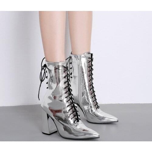 Ankle Boots Women Lace Up Surface Plating Pointed High Heel 10CM Fashion Motorcycle Boots Pumps Party Shoes Silver Size 35-40