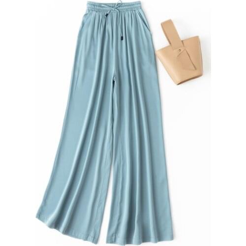 2020 New Women Summer Autumn Natural Silk Pants Silk Loose Style Trousers Work Wear Holiday wide leg blue Silk Pants