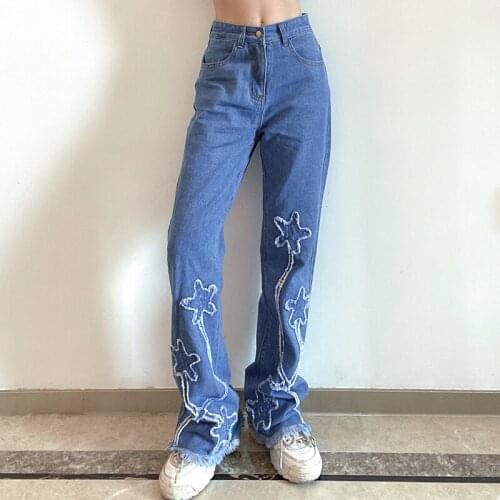 Female Mid Waist Straight Jeans Frayed Rough Trim Stars Printed Casual Wild Pants 2021 Newest Fashion Streetwear Trousers
