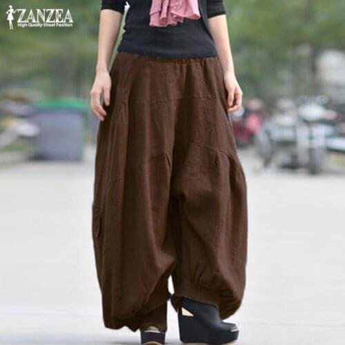 ZANZEA 2021 Womens Wide Leg Pants Vintage Cargo Lantern Trousers High Elastic Waist Long Pantalon Female Linen Pants Oversized