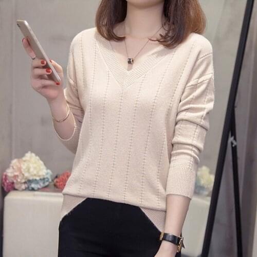 Plus size 2020 Autumn Winter V-Neck Long Sleeve Women Sweaters Solid Color Knitting Ladies Pullovers Casual Cotton Wool New Tops