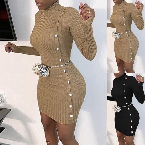 Autumn Women Sexy Rib Turtleneck Long Sleeve Single Breasted Mini Bodycon Dress 3 Colors Dresses Women Vestidos 2XL