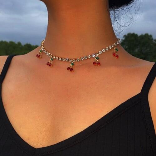 Choker Necklaces Kpop Sweet Beach Charms Necklace For Women Cherry Pendant Tennis Chain Single Layer Luxury Fashion Jewelry