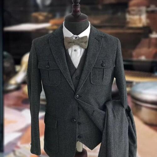 Winter Vintage Gray Herriongbone Thick Men Suits For Wedding 3 Pieces Jacket+Vest+Pants Slim Fit Groomsman Wear Business Blazers