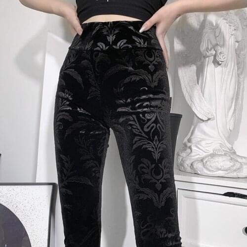 2021 Sexy Dark Gothic Slim Fleece Legging Women Black Suede Embossing Long Skinny Legging Goth Indie Big Flower Printed Bottoms