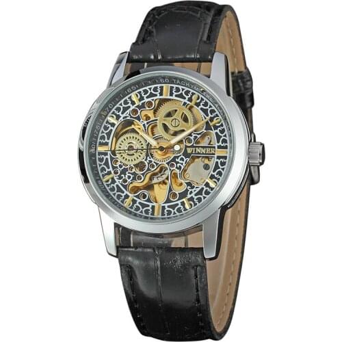 50pcs/lot winner-D302 silver case winner skeleton watch high quality leather mechanical watch wholesale hollow out winner watch