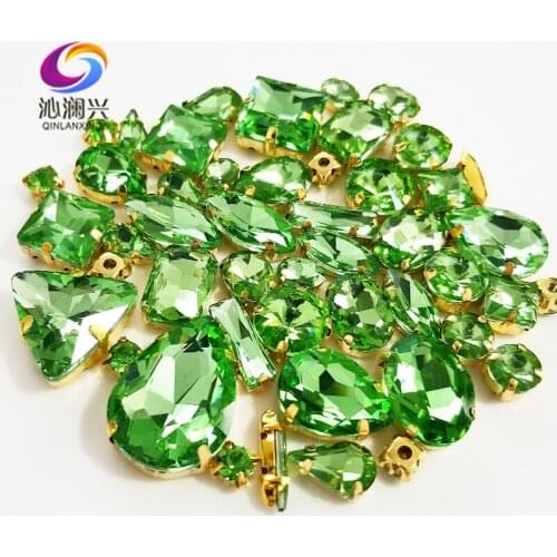 58pcs/bag Gold base Light green mix shape top crystal glass sew on stones,Super flash claw rhinestone diy/Clothing accessories