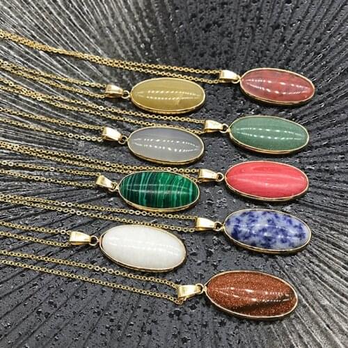 Agate crystal semi-precious stone agate jade gold rimmed oval egg pendant turquoise copper necklace accessory 1Pcs