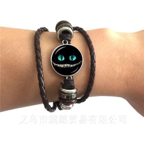 Alice In Wonderland Bracelets Cheshire Cat Glass Round Dome DIY Jewelry Black/Brown 2 Color Leather Bangle For Men Women Gift