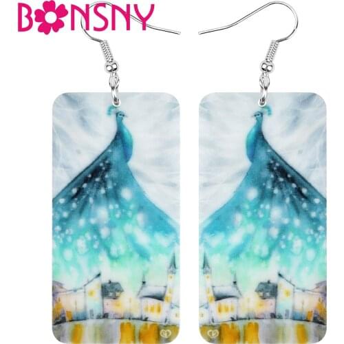 Bonsny Acrylic Noble Square Blue Peafowl Maurya Earrings Long Feather Bird Animal Dangle Drop Jewelry For Women Kid Trendy Gift