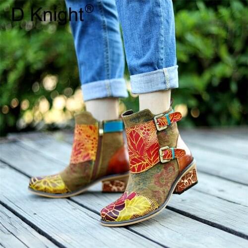 Genuine Leather Ankle Bots For Woman Shoes Vintage Handmade Print High Heels Ladies Shoes Cowboy Western Boots Plus Size 27.5cm