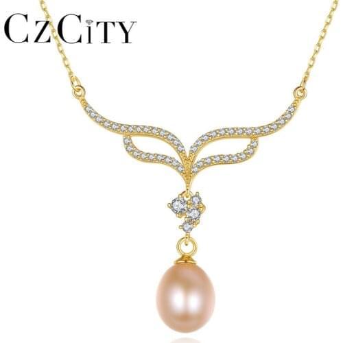 CZCITY Natural Pearls Pendant Necklace Deer Horn Shaped 925 Silver Necklaces Fine Jewelry for Women Wedding Christmas FN-0278