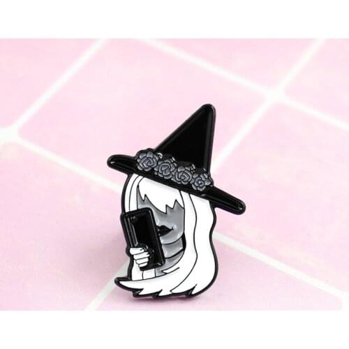 Black lips white long hair witch hat enamel brooch holding mobile phone and black rose backpack enamel badge punk jewelry gift