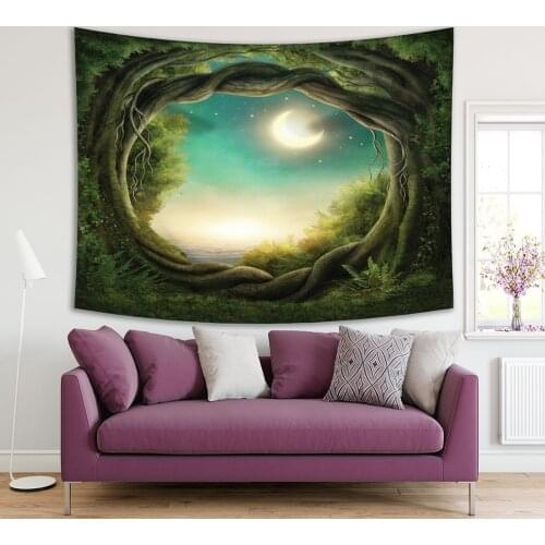 Tapestry New Moon Stars Summer Sky Moonlight Reflection on Sea View from Dark Forest Trees Woodland Green Yellow