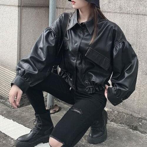Korean Black Moto Leather Jacket Women Fashion Streetwear Loose Long Sleeve Coat Vintage Y2K Button Warm Autumn Womens Jacket
