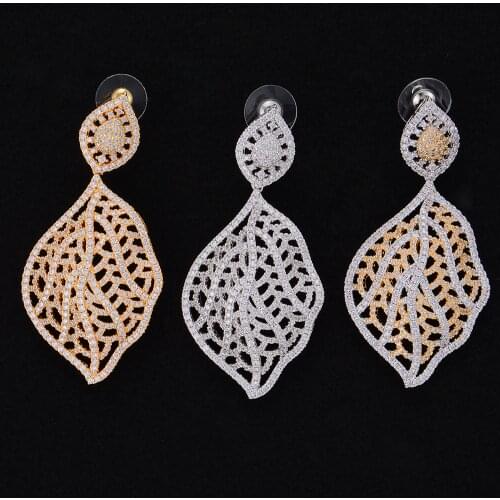 LARRAURI Deluxe Big Leaves Hollow Earrings Cubic Zirconia rhinestone Bridal Wedding Engagement Drop Dangle Earrings 2019