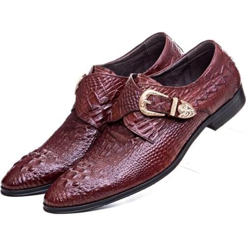 Crocodile Grain Wine red / Black dress shoes mens business shoes genuine leather formal wedding shoes with buckle