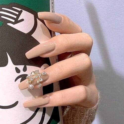 Fake long fingernail Milk tea color inlaid pearl rhinestone cross pendant wear manicure fake nail nail patch false fingernails