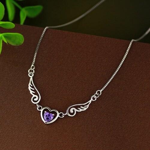 Angel Wings Design 925 Sterling Silver Pendants Necklaces For Women High Quality Heart-shaped Purple Crystal Jewelry LN582011