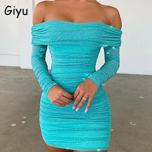 Giyu Sexy Glitter Sparkle Club Party Dress Women 2020 Spring Summer Off Shoulder Long Sleeve Ruch Bodycon Dresses Mini Vestidos