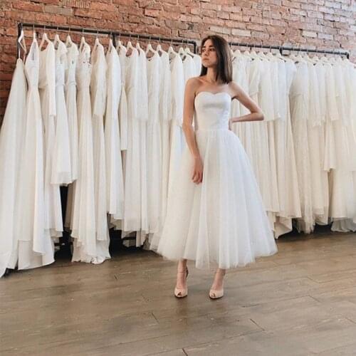 2020 vestido de noiva White Tulle Tea Length Wedding Gowns A-Line Cheap Illusion Wedding Dress Custom Made Beach Bridal Gowns