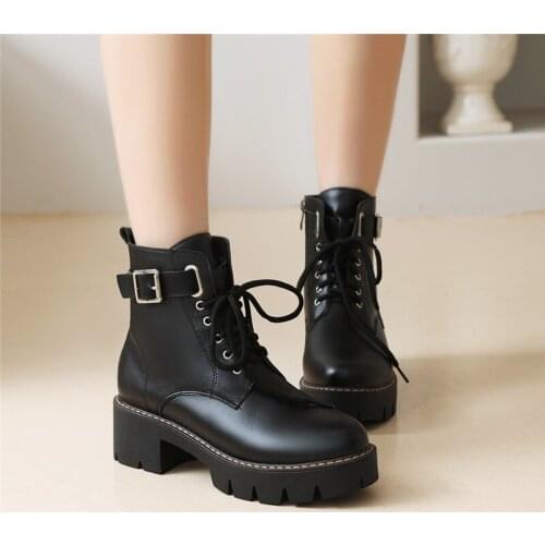YQBTDL 2021 Winter British Style Black Lace Up Booties Woman Chunky Heels Ankle Boots for Women Buckle Biker Motorcycle Boots 43