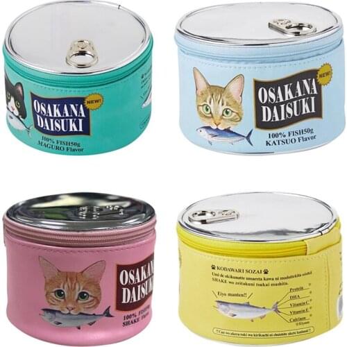 Funny Canned Fish Modeling Cat Pattern Bag Toiletry Organizer Makeup Kit Bag Cosmetic Storage Bag Creative Cylinder Bags