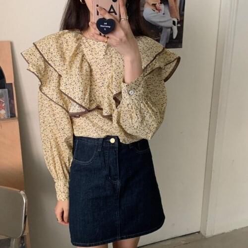 Women New Korea O-Neck Sweet Loose Printing Butterfly Shirt Female Fashion Puff Sleeve Casual All Match Tops