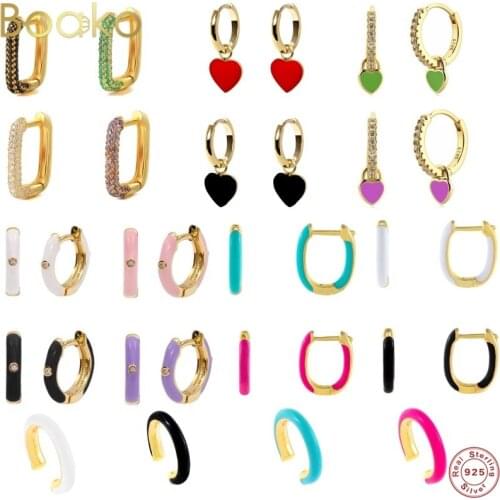 BOAKO 925 Silver Hoop Earrings Colorful Sterling S925 Plata Piercing Stud Ear Ring With Zircon Dripping Oil For Women Pendientes