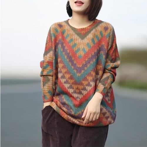 Women Sweater Autumn Loose Knitting Pullovers Tops 2021 New Ladies O-Neck Print kitten Casual All-match Sweater