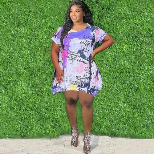 L-4XL Plus Size Graffiti Print Irregular Mini Dress Summer Clothes for Women Hipster Short Sleeve O-neck Loose Oversize Dress