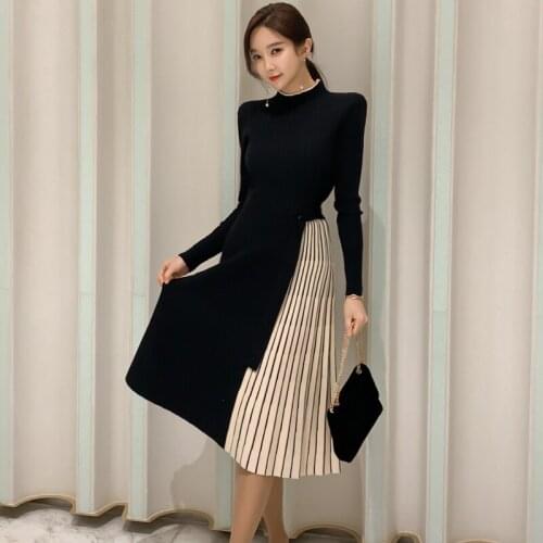 Winter New Urban Women Knitted Dress Stripes Splicing Mid-calf Pleated Dress Urban Ladies Full Sleeves Slim Swing Middle Dress