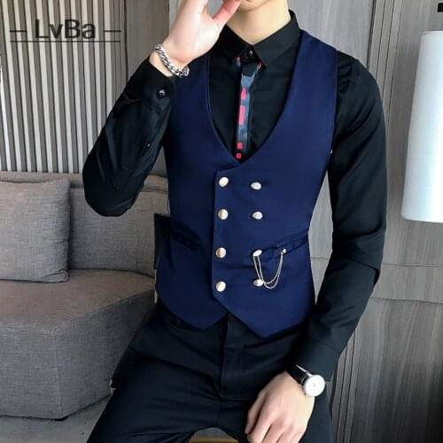 Blue vest men wedding suit vests double-breasted fashion classic wait coat for men business casual barber work vest male