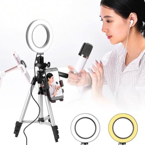 6 inch Ring Light Phone Stand Self Tripod for Video Makeup Mini LED Camera Light with Smart Phone Holder Desktop LED Lamp