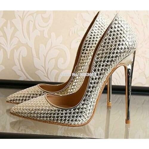 ALMUDENA Exquisite Embossed Stiletto Heel Shoes Gold Silver Pointed Toe Shallow Party Shoes Vogue Street Fashion Dress Pumps