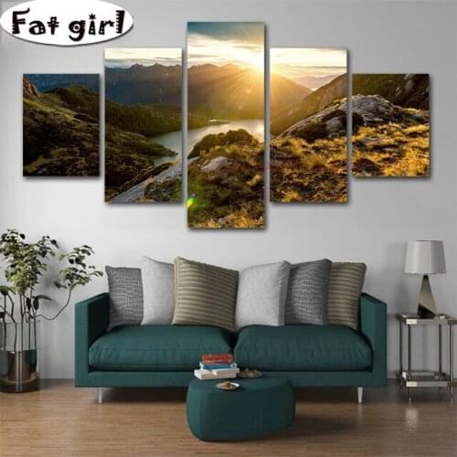Decor Posters 5D Diamond Painting 5 Panel The Rising Sun Mountain Diy Scenery Cross Stitch Embroidery Square Round Drill Mosaic