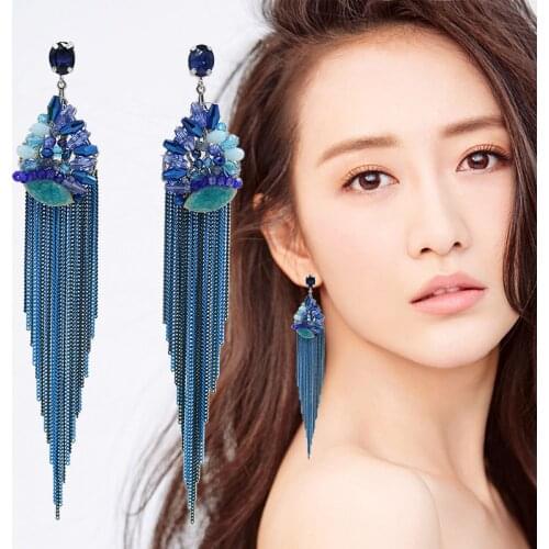 Elegant Crystal Ceramic Beaded dangle chain long tassel earrings for women Handmade luxury wedding Party bohemian Jewelry