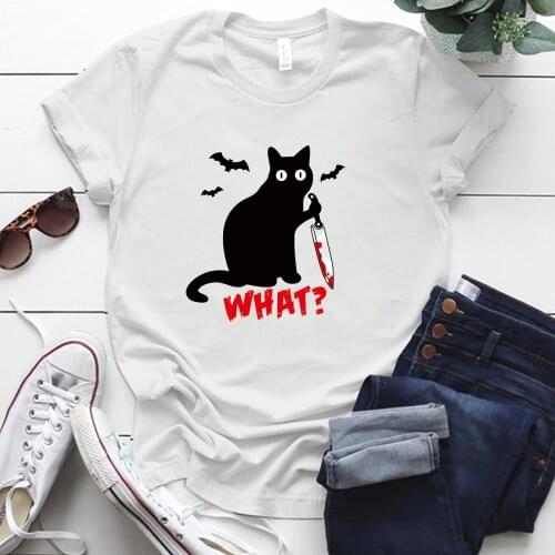 Black Cat What Tshirt Murderous Cat Knife Women Funny T Shirt Short Sleeve Harajuku Halloween Woman Tshirts Oversized T Shirt