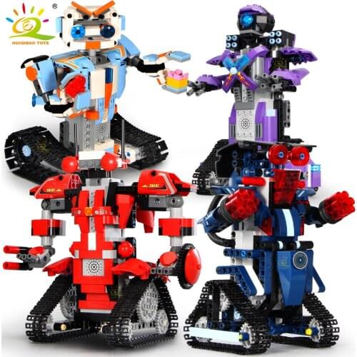 HUIQIBAO High-Tech Robert Robot Vehicle APP Remote Control Building Blocks RC Robot Mecha Creator City Bricks Toys For Children