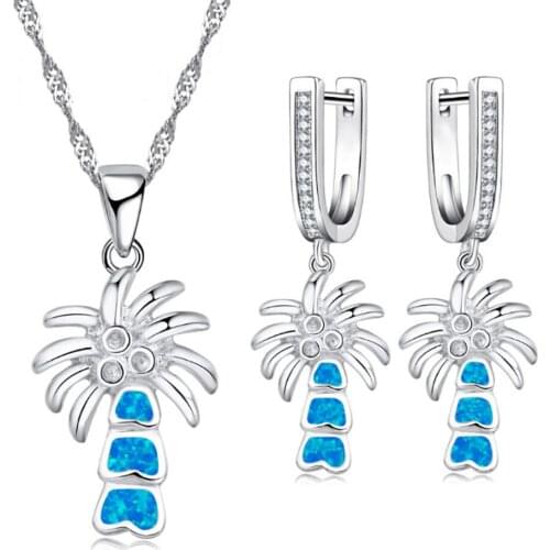 Exquisite Coconut Tree Design Jewelry Set For Women Accessories Cute Imitation Fire Opal Pendant Necklace and Earrings Girl Gift
