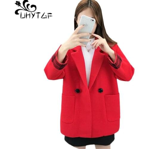 UHYTGF Cardigan women Quality mink cashmeres spring autumn sweater jacket women casual Knitted short coat plus size sweater 1428