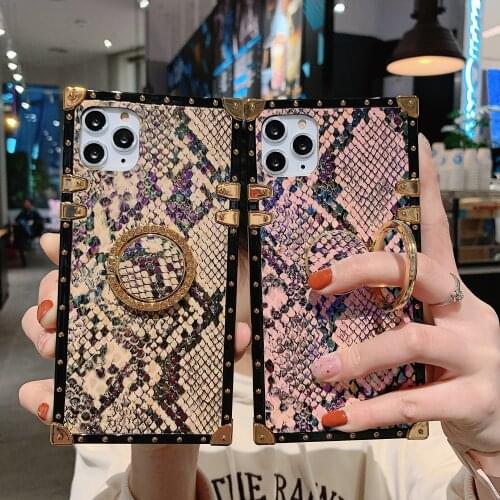 Diamond Ring Rivet Square Snake Leather Case For iPhone 11 Pro XS Max XR X 8 7 6S Plus Samsung Galaxy NOTE 10 9 8 S10E/9/8 Plus